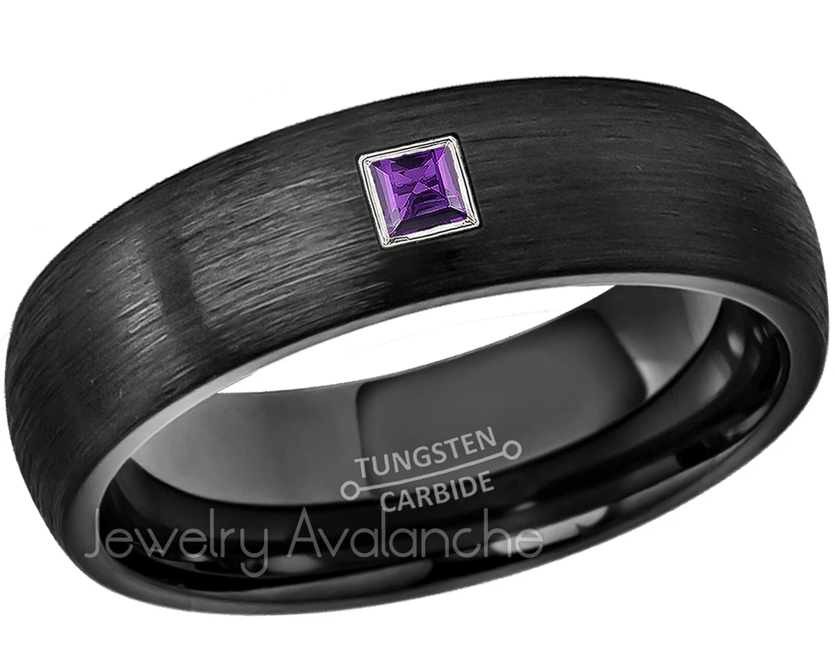 0.05ctw Princess Cut Amethyst Ring 6mm Black Dome Tungsten