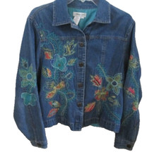 Denim Jacket Floral Embroidery w Bling Lined Med. Chest 40" 90s Boho Cottage