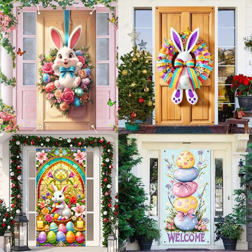 2025 Easter Door Cover Easter Colorful Eggs Rabbit Flower Door Backdrop Decor - Picture 4 of 43
