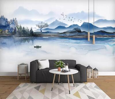 Papier Peint Panoramique Paysage Abstrait Lignes D'Oiseaux Volants