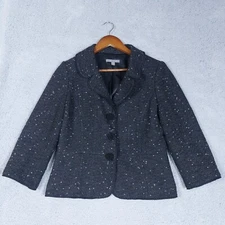 Ann Taylor Jacket Women 6 Dark Blue Speckled Tweed 3 Button Front Blazer Preppy
