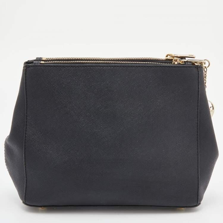 DKNY BLACK SAFFIANO LEATHER DOUBLE SIDED ZIP DOME SATCHEL SHOULDER BAG