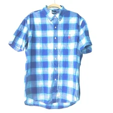 US POLO ASSN Men’s Blue Plaid Button Down Shirt Short Sleeve Pocket Logo Size XL