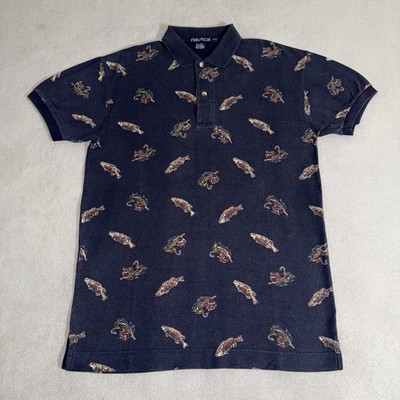 Vintage Nautica Fish Hooks All Over Print Polo Shirt Small Hip Hop Preppy Golf
