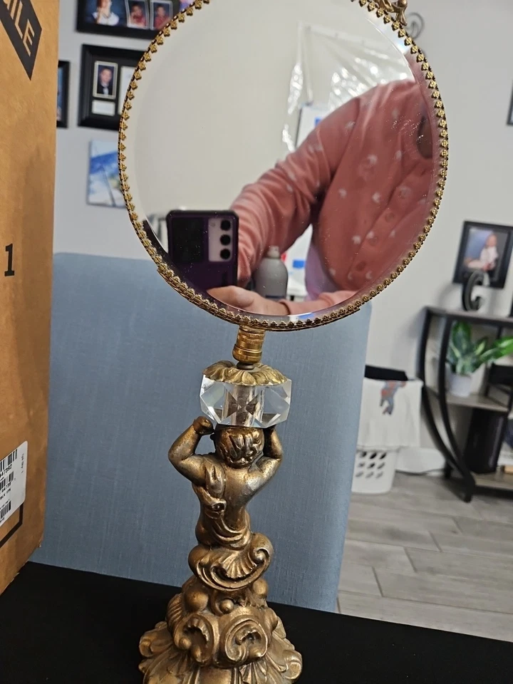 Vintage Cherub Vanity Mirror Hollywood Regency Gilt Gold with Glass Crystal - Image 2 of 3
