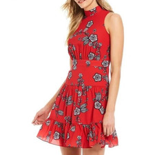 Eliza J Fit & Flare Sleeveless Dress Floral Red Size 2 Stacked High Neck Tie