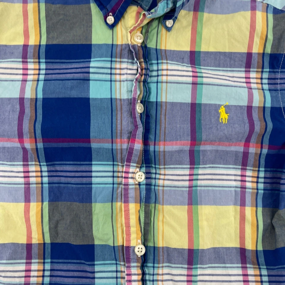 Ralph Lauren Kids Plaid Button Down Shirt Short Sleeve Yellow Blue Green M 10-12 - Image 3 of 4