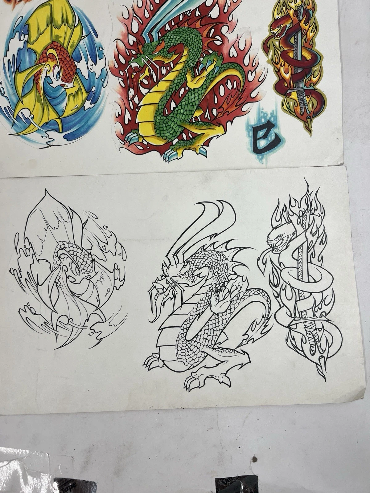 Original Tattoo Flash Art Dragon Koi Snake Sword Ink Drawing Sheet image 3