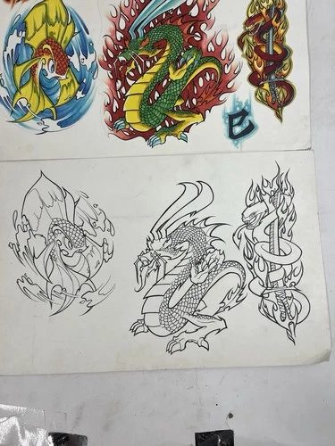 Original Tattoo Flash Art Dragon Koi Snake Sword Ink Drawing Sheet image 3