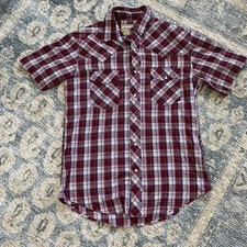 Wrangler Men Button Up Shirt Medium Red Plaid Western Short Sleeve Pearl Snap