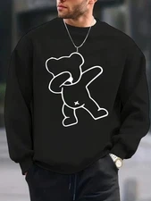 Men's Bear Print Fashionable Round Neck Long Sleeve Sweatshirt, Comfort Fit Pull