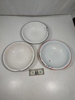 Vintage Enamel Wash Basin 12.5''x3.25'' Lot of 3 White w/ Red /Black Trim