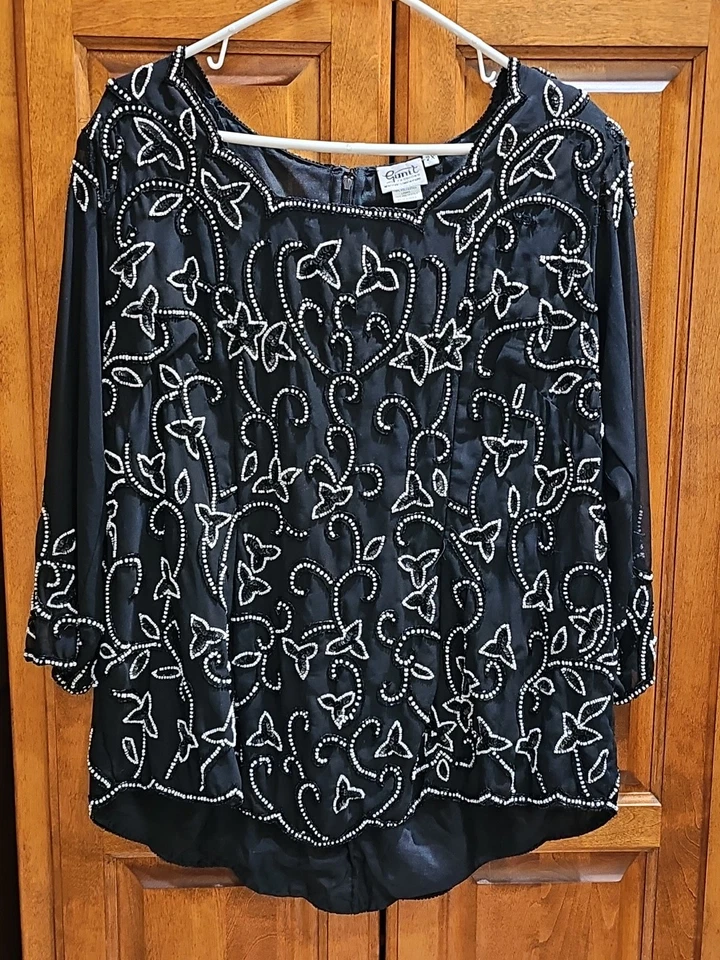 VTG Gunit Women's 100% Silk Black Sequin Beaded Evening Formal Top Plus Sz 2XL - Image 2 of 4