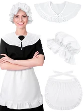3 PCS Halloween Colonial Costume Set White Bonnet Shawl Wrap Waist Apron Prop