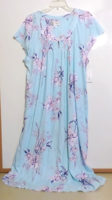 NWT MISS ELAINE LONG NIGHTGOWN-SS-SZ 2X-AQUA BLUE-$78-SOFT COTTON BLEND-POCKETS!
