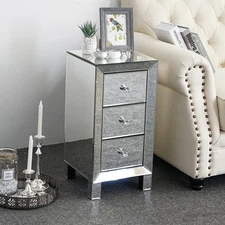 Mirrored End Table Silver Nightstand Bed Side Modern Elegant Furniture Bedrrom