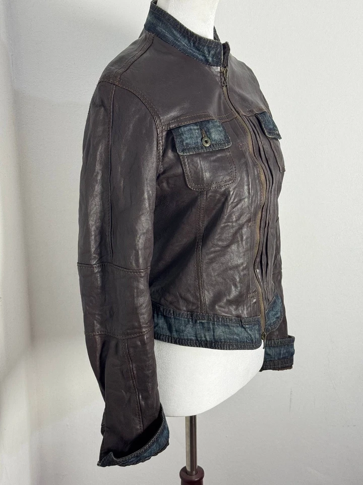 RARE VINTAGE ARMANI JEANS Sheepskin Leather Denim Trim Biker Moto Jacket Size 8 - Image 4 of 4