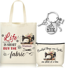 3Pcs Vintage Sewing Tote Bag Canvas Bag with Keychain, Funny Quilting Gifts for