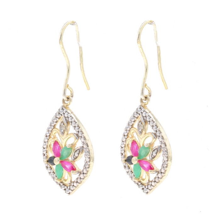 Sterling Ruby Emerald Sapphire Dangle Earrings 92… - image 2