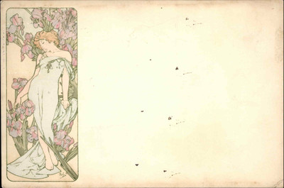 Beautiful Woman Art Nouveau Flowers Panel Style Alphonse Mucha c1900 Postcard #1