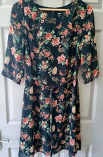 Monsoon Dark Green Floral Dress With Belt Sheer 3/4 Sleeves Size 12 Fully Lined
