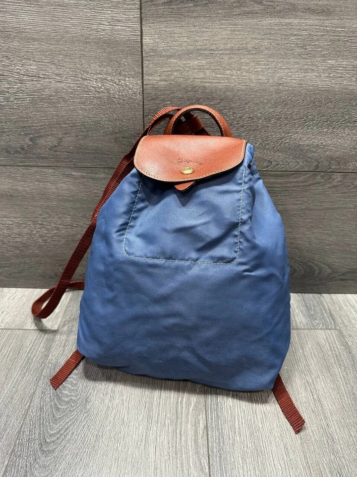 Mochila Longchamp Le Preage Original Nylon Cuero Azul Marrón B000455 Foto 3 de 4