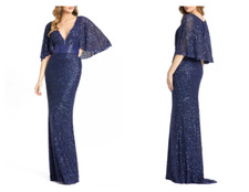 MAC DUGGAL  4808 BEADED CAPELET SLEEVE COLUMN MIDNIGHT NAVY GOWN DRESS sz 8