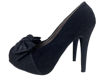 NEXT HEELS 6 SCHWARZ Wildleder Kunstleder Bändchenbesatz Pumps Plateau High