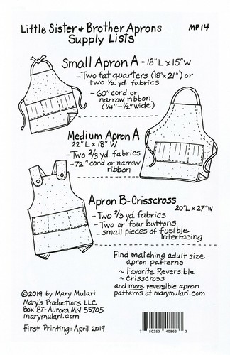 LITTLE SISTER & BROTHER APRONS Sewing Pattern by Mary Mulari~Kids Reversible - Picture 2 of 2