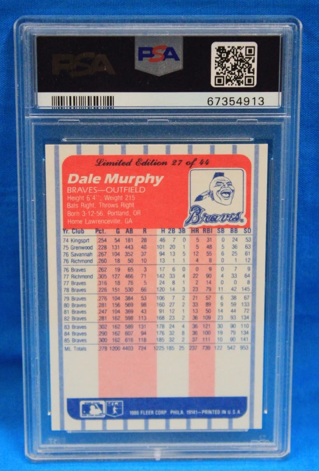 1986 FLEER LEAGUE LEADERS # 27 Dale Murphy PSA 10 GEM MT # 67354913  BRAVES !!!! - Image 2 of 2