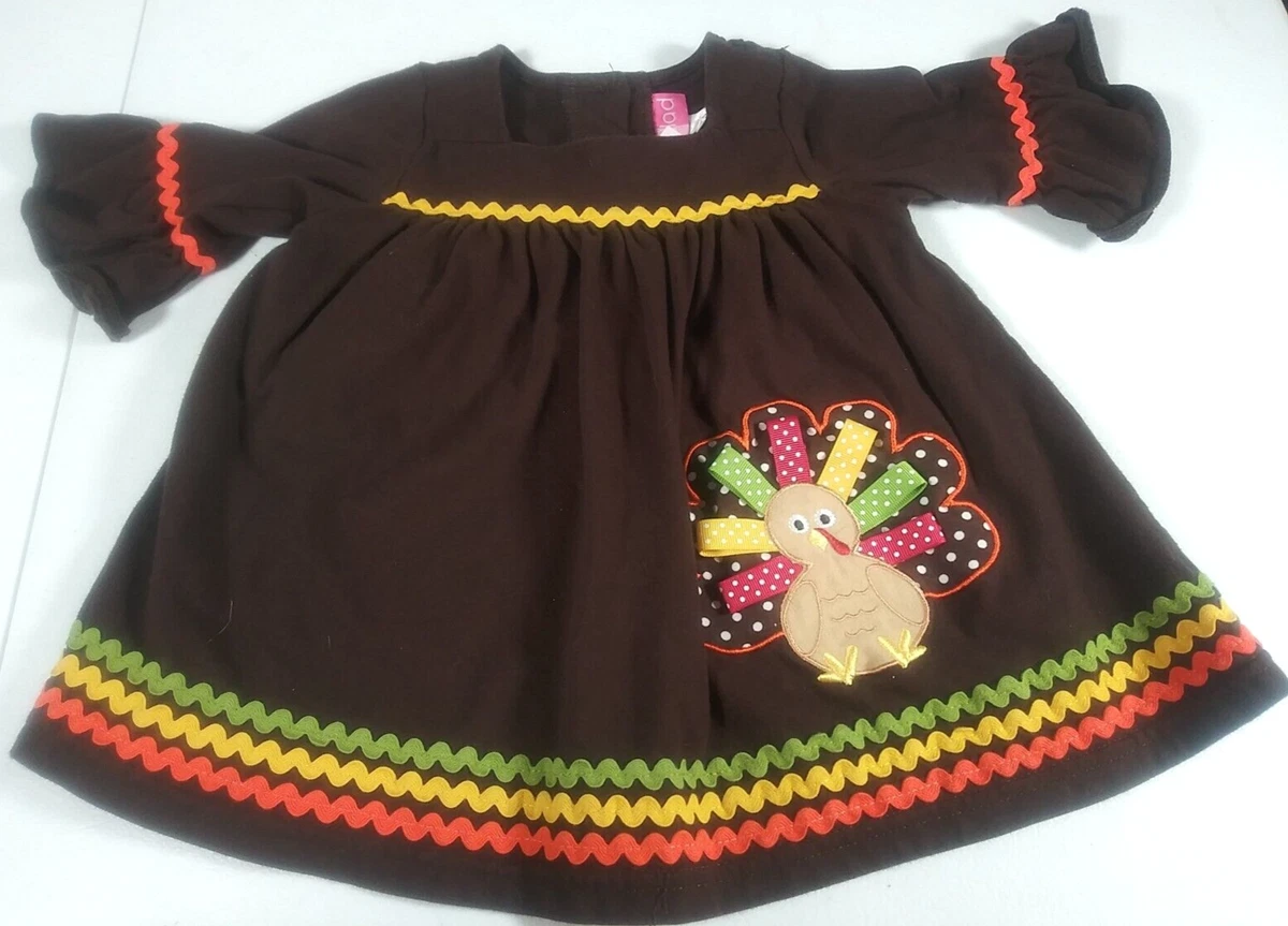 Goodlad Dress 2T Thanksgiving Turkey Brown Ric Rac Ruffles Ribbons Applique