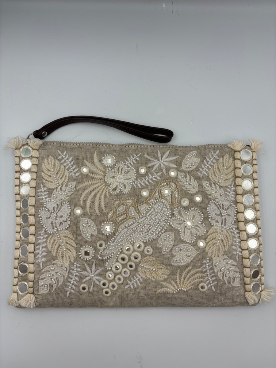 New Tommy Bahama Embroidered Clutch Wristlet Beige Cream Lined Purse