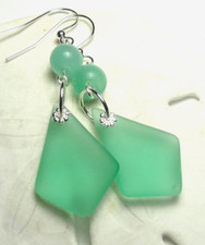 AUTUMN GREEN Handcrafted Cultured sea glass earrings made w cat's eye bead