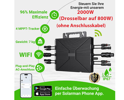 2000 Watt WIFI Wechselrichter für Balkonkraftwerk (drosselbar auf 800W/1200W)