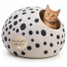 Luxurious Merino Wool Cat Cave - Foldable Hideaway Pod for Indoor White Polka