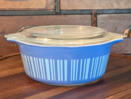 Vintage Pyrex Barcode Blue Stripe Casserole With 1-1/2 Pint Lid #472 Great Shape