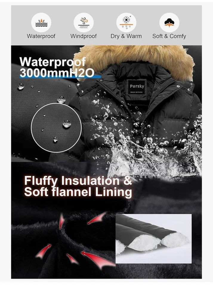 Jaqueta acolchoada masculina Pursky impermeável inverno bolha casacos esqui parka pele com capuz - Imagem 3 de 4