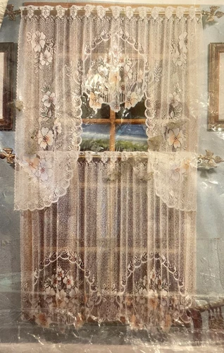 Airbrushed Floral Lace Kitchen Curtain Tiers & Valance Swag LOT