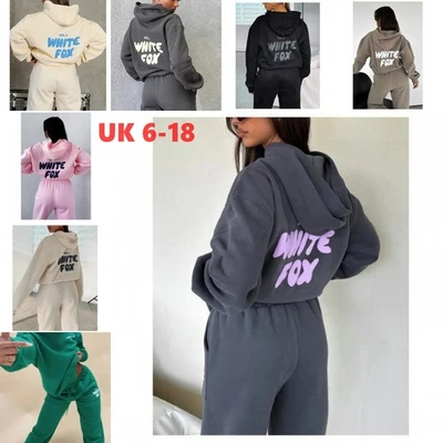 Women Girls 2PCS Fox Tracksuit - White Fleece Hoodie Soft Sports Wear Size 6-18