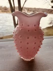 Vintage 7 Inch Tall Fenton Pink Cased White Glass Hobnail Ruffled Petal Top Vase