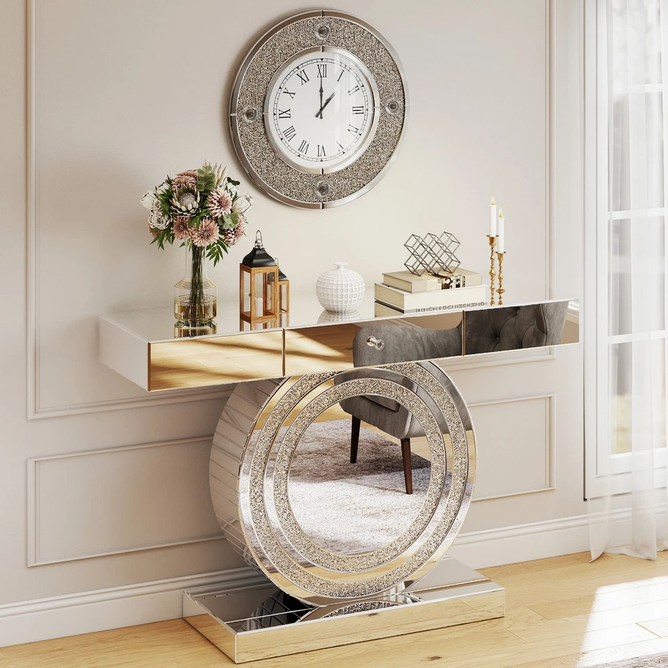 Reloj de Pared 24"" Grande Plateado Redondo Espejado Decorativo Diamante Triturado Decoración del Hogar Foto 2 de 4