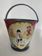 Antique Tin Litho Sand Pail With Beach Theme, Made In USA