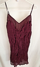 WOMEN NEW BURGUNDY 100 Silk Slip Dress NIGHTIE CHEMISE SHEER INSERTS Size L 40"