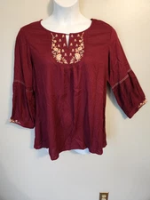 Global Desi Burgundy Floral Embroidered Trim Top Hippie Boho XL