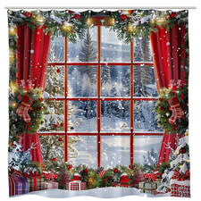 Merry Christmas Shower Curtain Winter Xmas Wreath Snow Scene Snowflake Rustic Fo