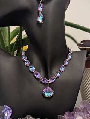 Super Shiny Pink Royal Necklace and Earrings, Pink Glam Glass Fairy Pendants 