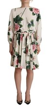 DOLCE & GABBANA Dress A-line White Rose Print Long Sleeves IT38/US4/XS RRP $3000