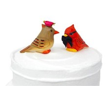 Cardinal Bird Cake Topper Bride Groom Love Wedding Engagement Carved Wood Statue
