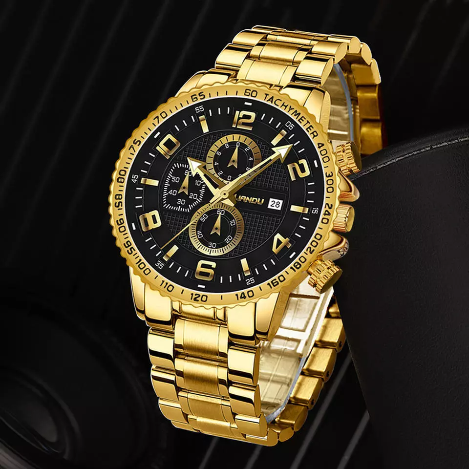 Watch Gift Set for Men Gents Gold Black with Gold Bracelet Analogue Watches UK