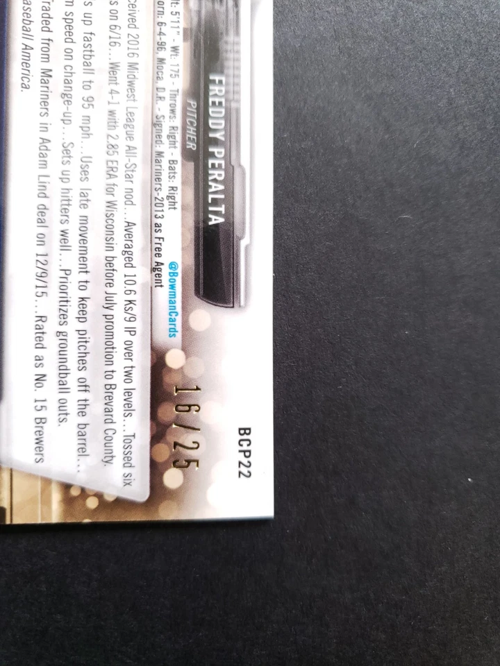 2017 Bowman Chrome Minis Prospects Orange Refractor /25 Freddy Peralta #BCP22 - Image 4 of 4